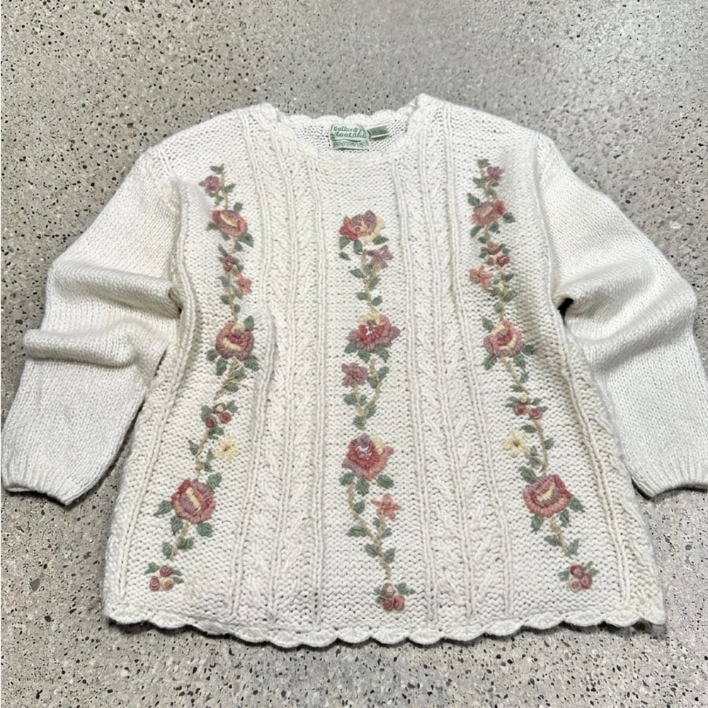 Colleen’s Collectibles Hand Knit Cream Floral Cable Knit Sweater Grandma Cottage